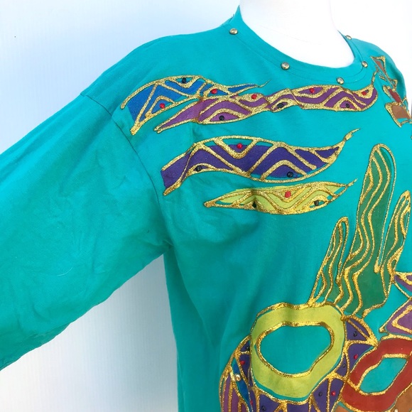 Vintage 80’s teal southwestern still life glitter puff paint novelty top shirt - Picture 3 of 9